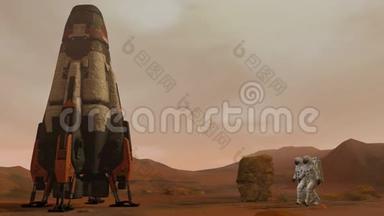 火星上的殖民地。 两名宇航员在火星表面行走。 探索火星任务。 未来殖民和